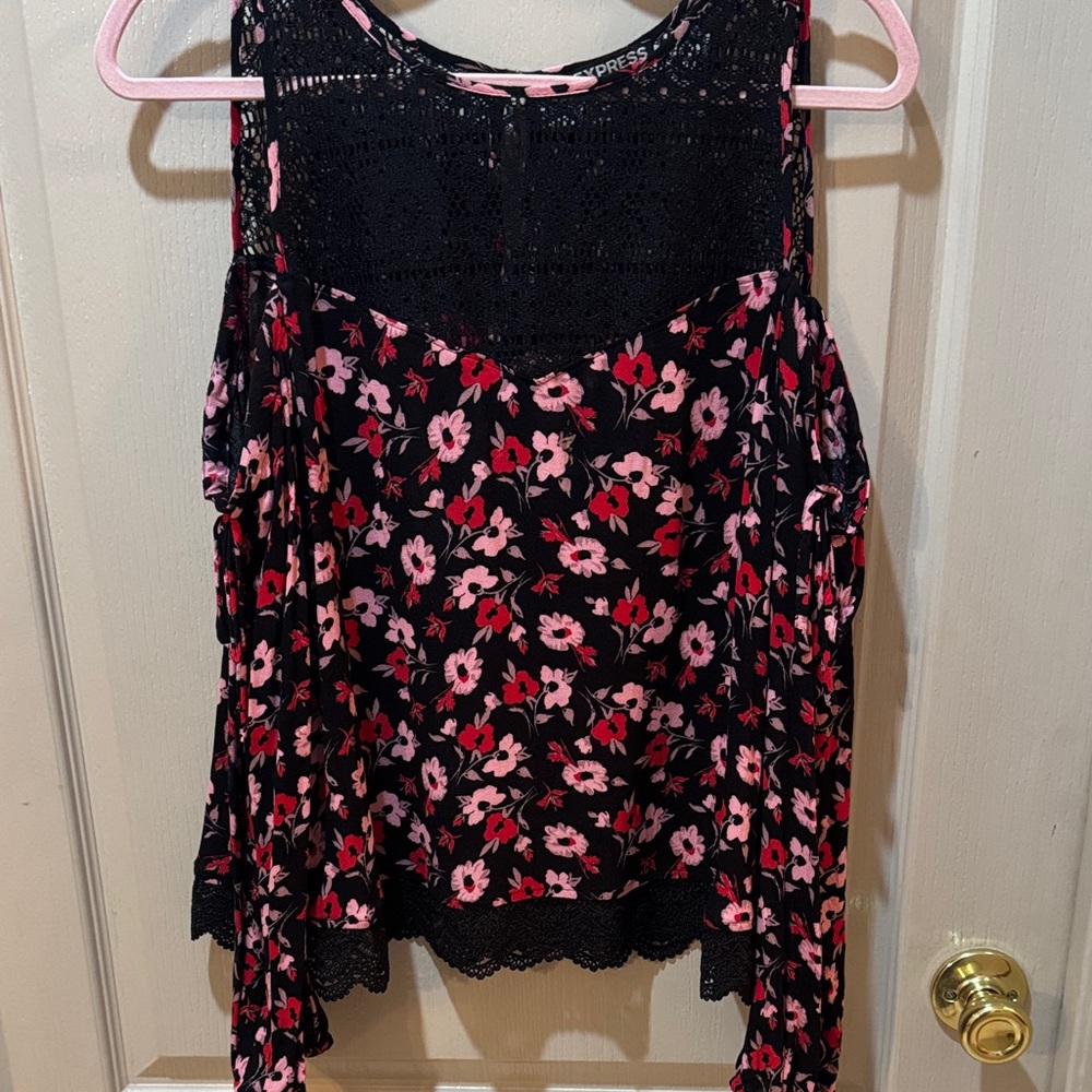 Express Floral Lace Black and Pink Blouse